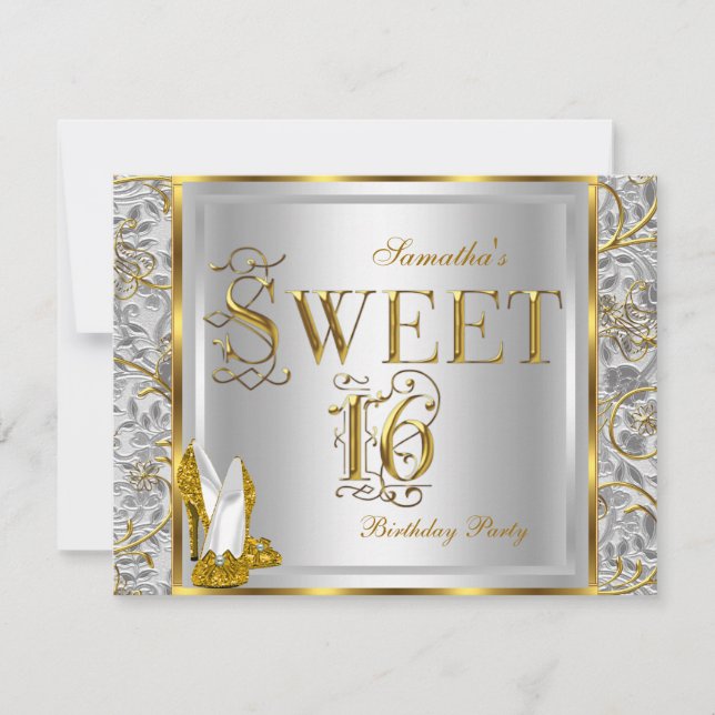 Gold Silver White Sweet Sixteen Sweet 16 Party Invitation (Front)