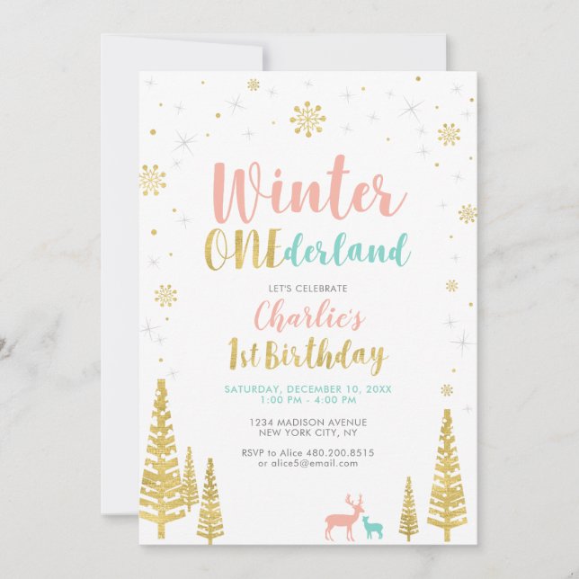 Gold & Silver Winter onederland 1st birthday party Invitation (Front)