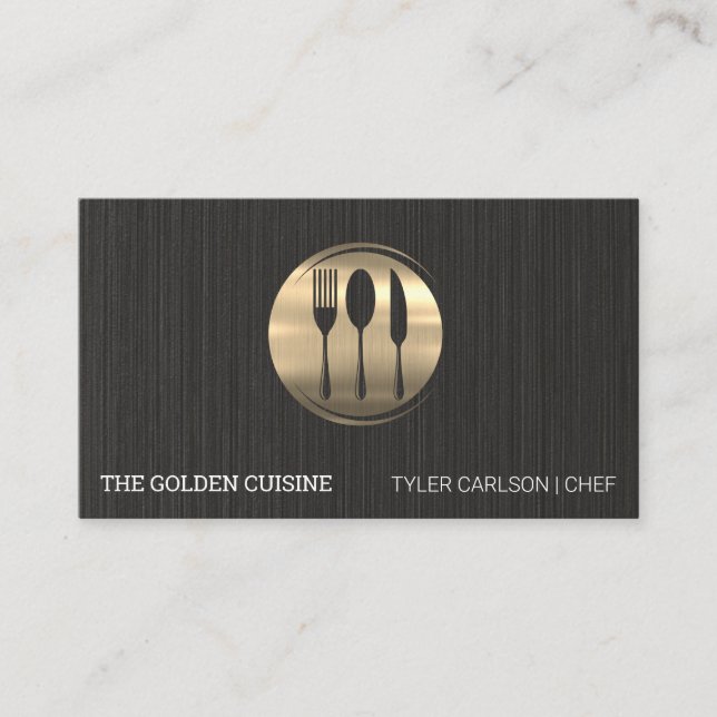 Gold Silverware Restaurant | Black Texture Business Card (Front)