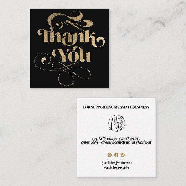 Gold simple black retro script order thank you square business card (Front/Back)