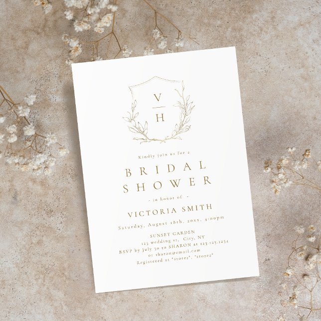 Gold simple botanical crest monogram bridal shower invitation (Gold simple botanical crest monogram bridal shower invitation)