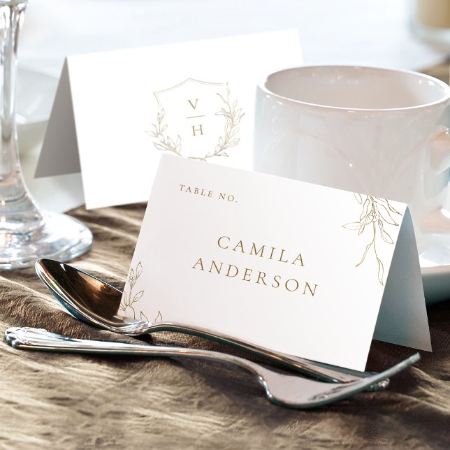Gold simple botanical crest monogram place card (Gold simple botanical crest monogram place card)