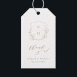 Gold simple botanical crest monogram wedding gift tags<br><div class="desc">Monogrammed initials framed by elegant crest and hand illustrated botanical leaves,  and elegant script and classic font in gold and white,  simple and luxury.  Great thank you favour stickers for modern classic wedding,  simple formal wedding,  elegant botanical garden wedding. 
See all the matching pieces in the collection.</div>