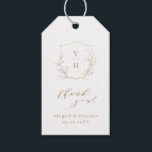 Gold simple botanical crest monogram wedding gift tags<br><div class="desc">Monogrammed initials framed by elegant crest and hand illustrated botanical leaves,  and elegant script and classic font in gold and white,  simple and luxury.  Great thank you favour stickers for modern classic wedding,  simple formal wedding,  elegant botanical garden wedding. 
See all the matching pieces in the collection.</div>