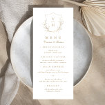 Gold simple botanical crest monogram wedding menu<br><div class="desc">Monogrammed initials framed by elegant crest and hand illustrated botanical leaves,  menu details in elegant script and classic font,  simple and luxury.  Great faux gold and white menu for modern classic wedding,  simple formal wedding,  elegant botanical garden wedding. 
See all the matching pieces in the collection.</div>