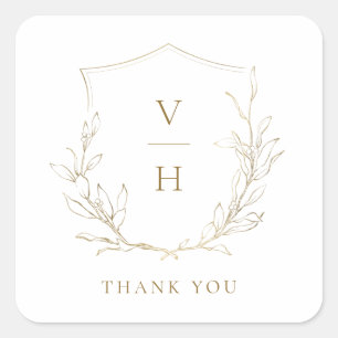 Gold simple botanical crest monogram wedding square sticker