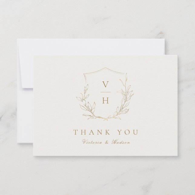 Gold simple botanical crest monogram wedding thank you card (Front)