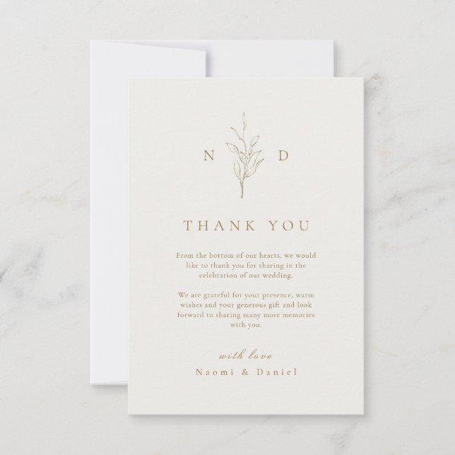 Gold simple botanical leaves monogram wedding than thank you card (Front)