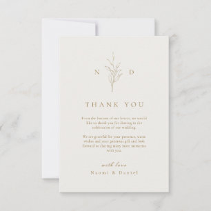 Gold simple botanical leaves monogram wedding than thank you card