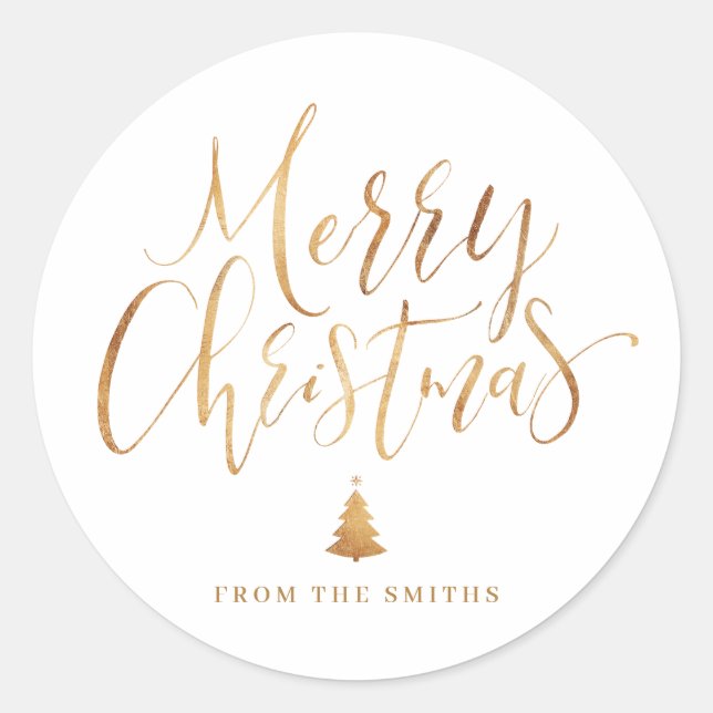 Gold Simple Calligraphy Merry Christmas Classic Round Sticker (Front)