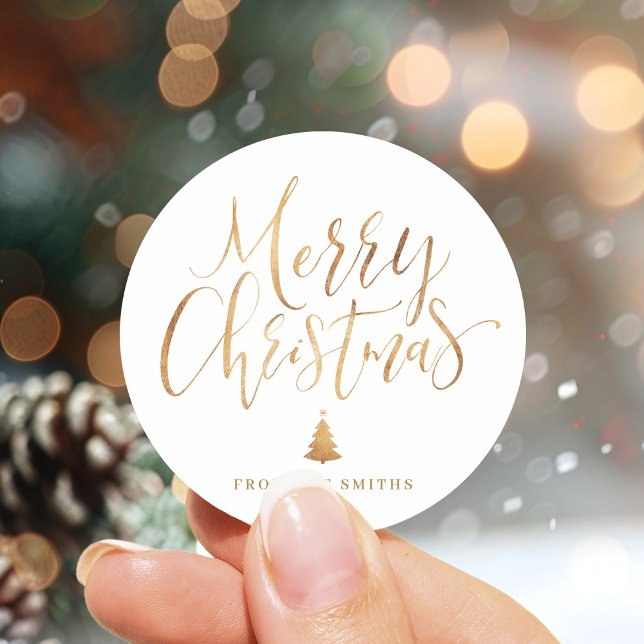 Gold Simple Calligraphy Merry Christmas Classic Round Sticker (Gold Simple Calligraphy Merry Christmas Classic Round Sticker)