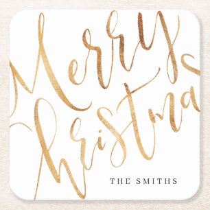 Gold Simple Calligraphy Merry Christmas Square Paper Coaster