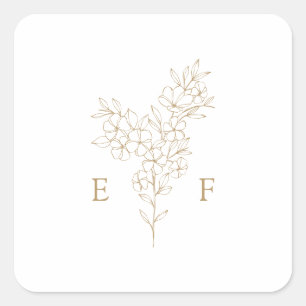 Gold Simple Cherry Blossom Wreath Monogram Wedding Square Sticker