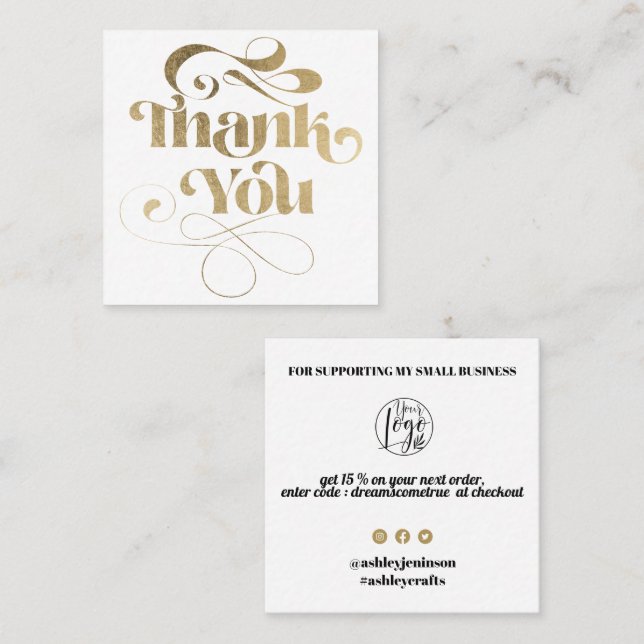 Gold simple cool retro script order thank you square business card (Front/Back)