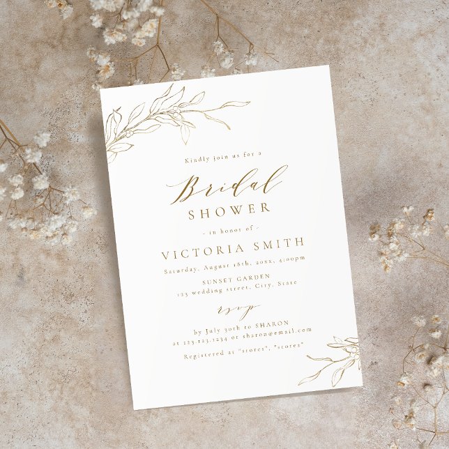 Gold simple elegant botanical rustic bridal shower invitation (Gold simple elegant botanical rustic bridal shower invitation)