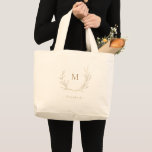 Gold simple elegant botanical wreath Bridesmaid Large Tote Bag<br><div class="desc">Monogrammed initial framed by elegant hand illustrated botanical leaves wreath in faux gold colour,  with personalized name,  Simple and elegant, 
Great monogrammed gift for bridesmaid. 
See all the matching pieces in collection</div>