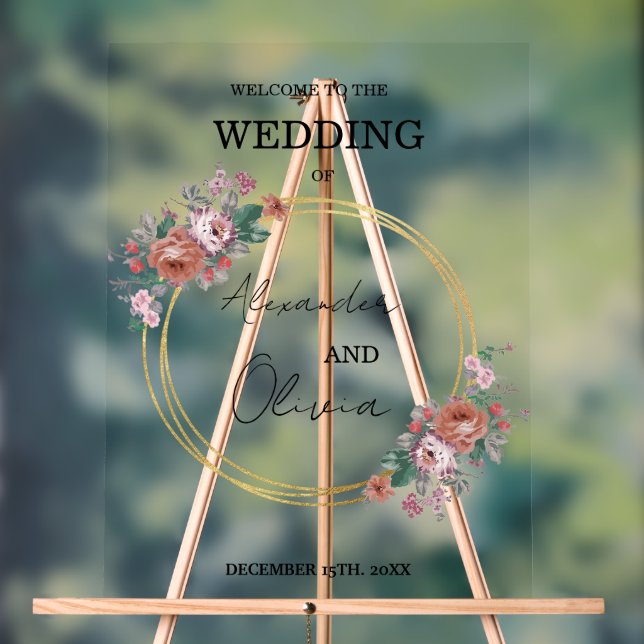 Gold Simple Elegant Floral Wedding / Script Font Acrylic Sign (Neutral)