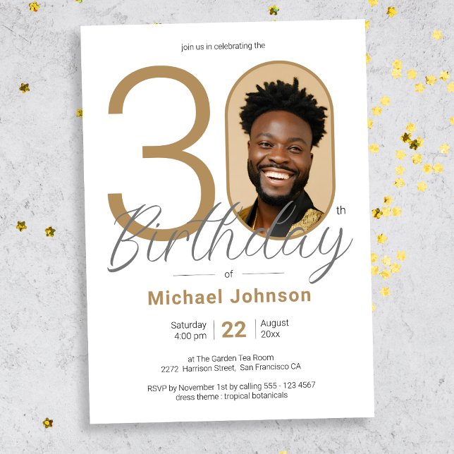 Gold Simple Elegant Photo 30th Birthday Party Invitation (Mockup View)