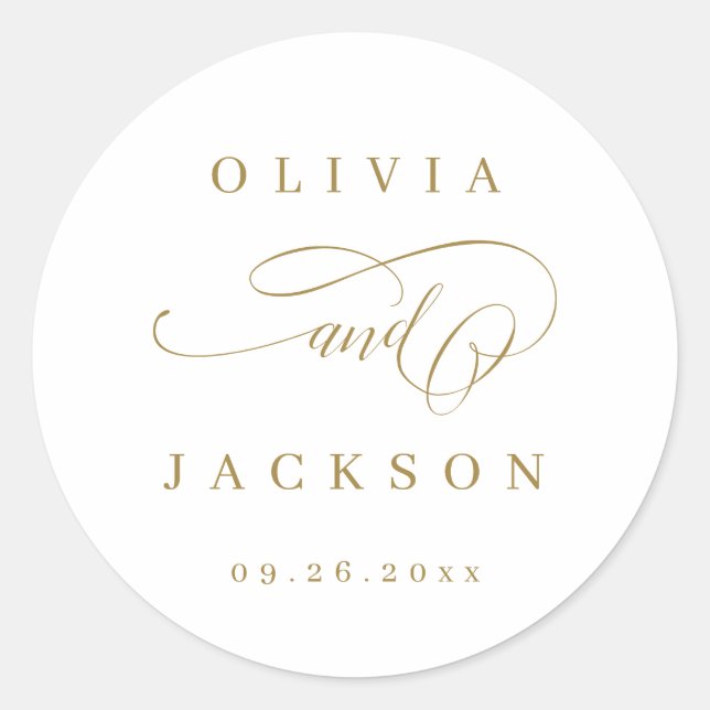 Gold simple elegant romantic script wedding favour classic round sticker (Front)