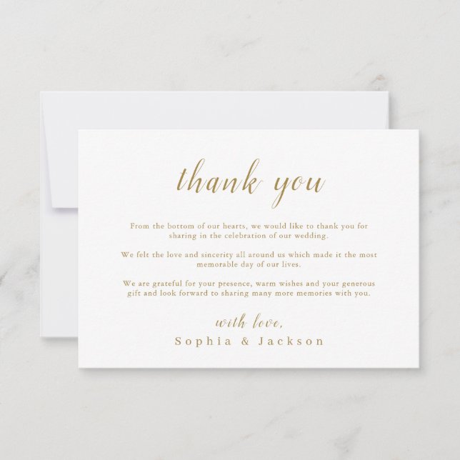 Gold simple elegant romantic script wedding thank you card (Front)