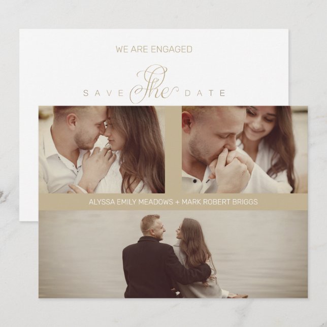 Gold Simple Elegant Three Photos Couple in Loving Save The Date (Front/Back)