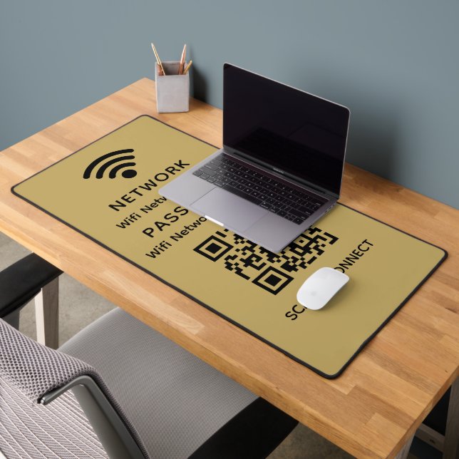 Gold Simple Elegant Wifi QR Code Network Password Desk Mat (Office 2)