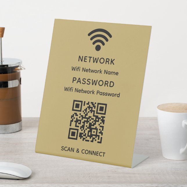 Gold Simple Elegant Wifi QR Code Network Password Pedestal Sign (In SItu)