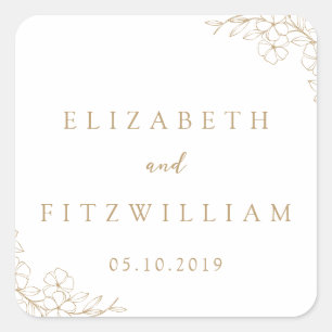 Gold Simple Hand Drawn Cherry Blossom Wedding Square Sticker