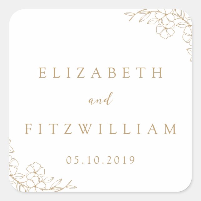 Gold Simple Hand Drawn Cherry Blossom Wedding Square Sticker (Front)