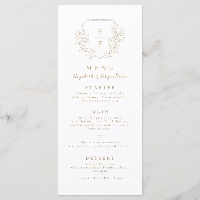 Gold Simple Minimal Cherry Blossom Monogram Crest Menu (Front)