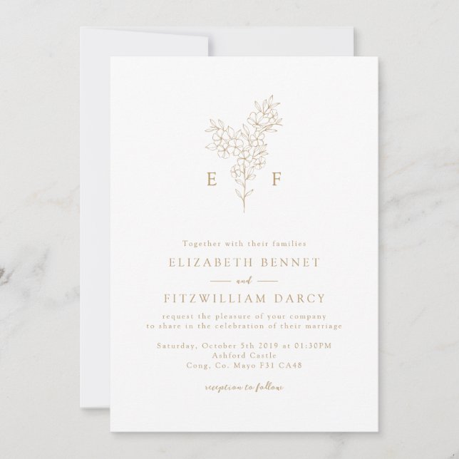 Gold Simple Minimal Cherry Blossom Monogram Wreath Invitation (Front)