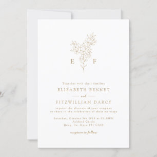Gold Simple Minimal Cherry Blossom Monogram Wreath Invitation