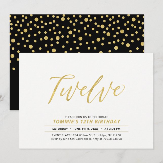 Gold Simple Modern Lettering 12th Birthday Party Invitation (Front/Back)