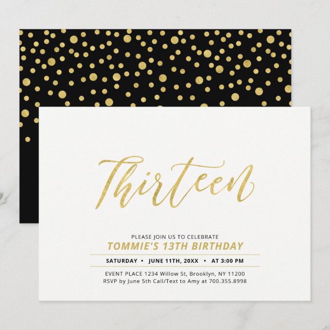 Gold Simple Modern Lettering 13th Birthday Party Invitation (Front/Back)