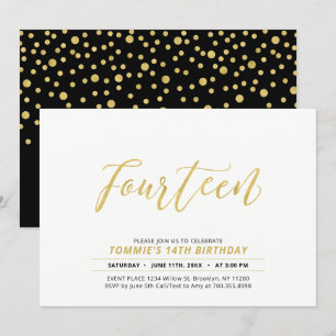 Gold Simple Modern Lettering 14th Birthday Party Invitation