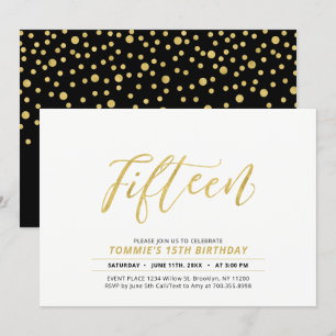 Gold Simple Modern Lettering 15th Birthday Party Invitation