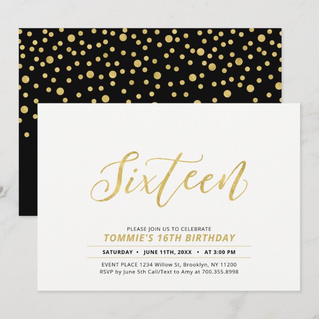 Gold Simple Modern Lettering 16th Birthday Party Invitation (Front/Back)