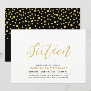 Gold Simple Modern Lettering 16th Birthday Party Invitation