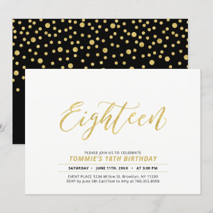 Gold Simple Modern Lettering 18th Birthday Party Invitation