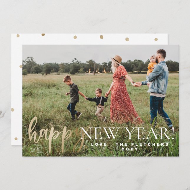 Gold Simple Script Happy New Year Holiday Card (Front/Back)