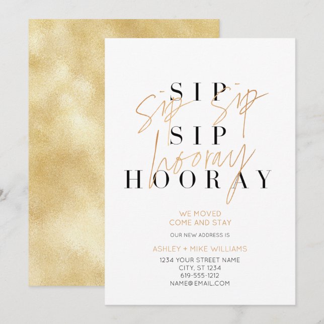 Gold Sip Sip Hooray Champagne Moving Announcement (Front/Back)
