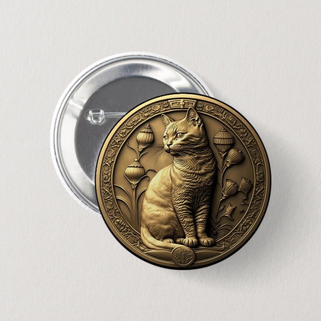 Gold Sitting Cat Medallion 2 Inch Round Button (Front & Back)