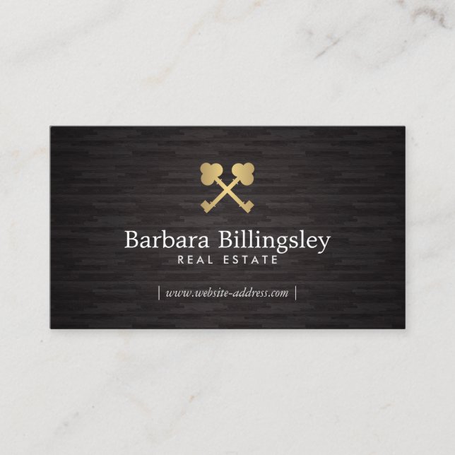 Gold Skeleton Key Logo Real Estate, Broker Wood Business Card (Front)