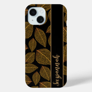 Gold Skeleton Leaf Pattern on Black Gift Idea iPhone 15 Case