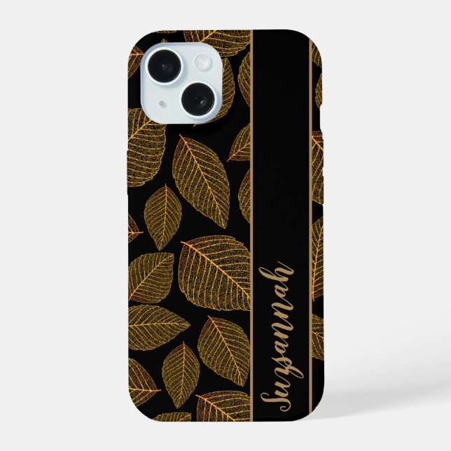 Gold Skeleton Leaf Pattern on Black Gift Idea iPhone 15 Case (Back)