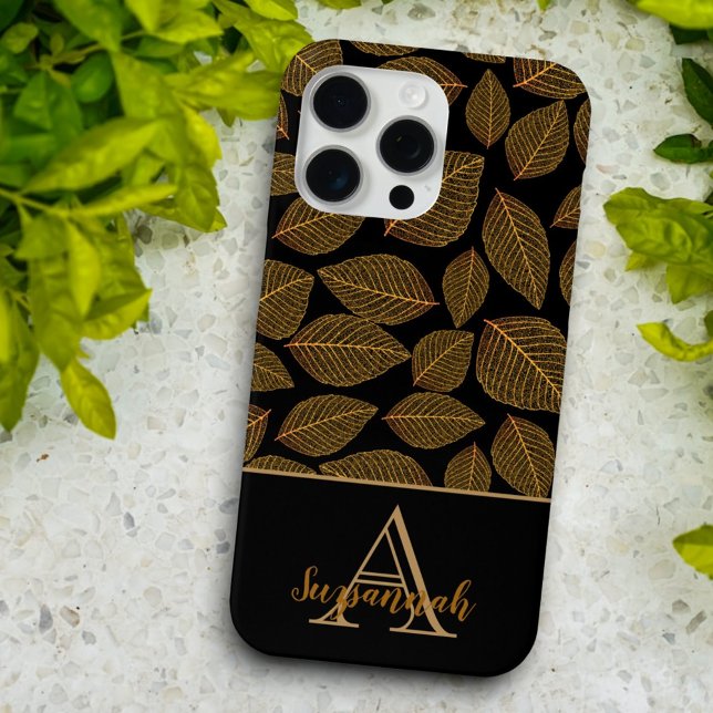 Gold Skeleton Leaves on Black Custom Monogram Case-Mate iPhone Case (phone case back with leaf pattern and template monogram and name)
