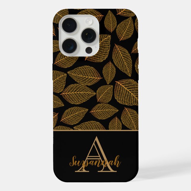 Gold Skeleton Leaves on Black Custom Monogram iPhone Case (Back)