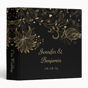 Gold Sketched Flowers on Black Photo Album Binder