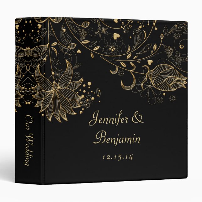 Gold Sketched Flowers on Black Photo Album Binder (Front/Spine)