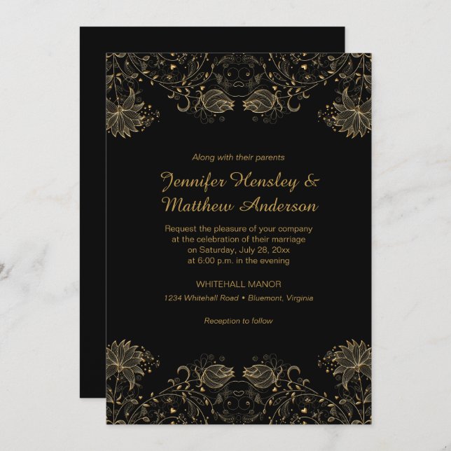 Gold Sketched Flowers on Black Wedding Invitations (Front/Back)